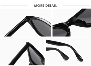 Detail shots of black cat-eye sunglasses hinges, nose pads and polished frame edges