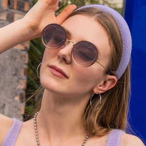 Round Rimless Sunglasses For Women Metal Frame Heart Pattern Gradient Lens UV400 Trendy Retro Sweet Fashion Eyewear