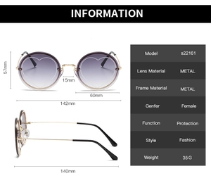 Detailed size specifications for round rimless sunglasses with purple gradient lenses