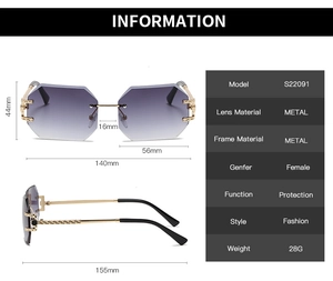 Detailed size specifications for rimless octagonal sunglasses with purple gradient lenses