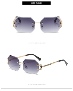 Detail of rimless geometric octagonal sunglasses with purple gradient lenses and gold legs
