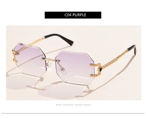 Detail of rimless octagonal purple gradient lenses and gold woven textured metal temples