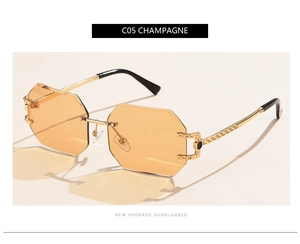 Detail view of rimless octagon champagne sunglasses with gold woven metal temples