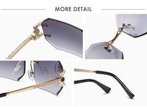 Detail of rimless polygon sunglasses featuring purple gradient lenses and gold textured arms