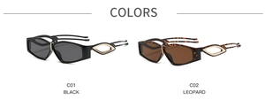 Irregular sporty sunglasses in black and leopard print with metallic temple accents