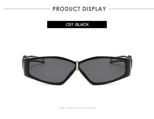 Front view of geometric irregular sunglasses with black frame and gold bridge detail