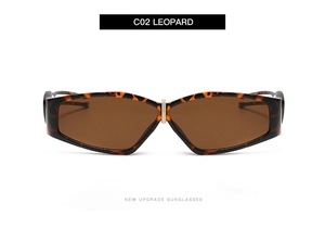 Close-up of leopard pattern polygon sunglasses with premium metal nose bridge accent