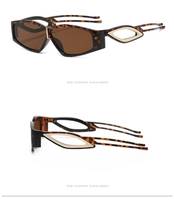 Detail of tortoise shell sunglasses with gold cutout metal accents on the temples