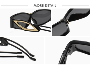 Detail view of black frame sunglasses with golden geometric cut-out metal on temples