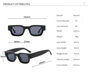 Detailed size chart of small square Y2K sunglasses with dimensions and PC frame specs