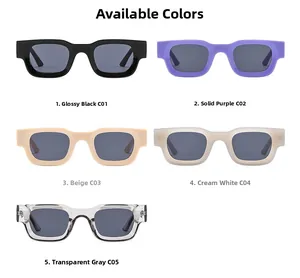 Close-up of Y2K vintage rectangle sunglasses in black, purple, beige, white, and grey
