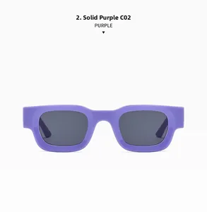 Front view of solid purple rectangular sunglasses with thick frame and dark grey lenses