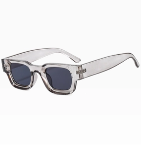 Detail view of transparent grey square sunglasses with dark grey UV protective lenses