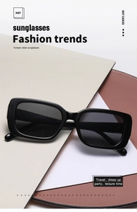 Detail of trendy rectangle black sunglasses with thick frames and dark tinted lenses