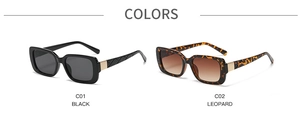 Detail of square sunglasses with quilted textured temples and golden metal hinge accents