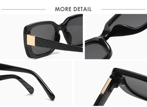Detailed macro view of black rectangle sunglasses with luxury quilted pattern and gold hinge