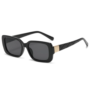Classic rectangle black sunglasses with vintage quilted pattern on side temples