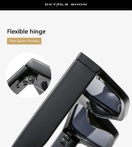 Detailansicht der flexiblen Metallscharniere und des schwarzen Y2K-Sonnenbrillenrahmens