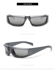 Vue de face et latérale à 45 degrés de lunettes de soleil futuristes argentées Y2K