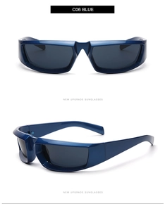 Vues de face et de côté des lunettes de soleil sportives Y2K C06 bleues UV
