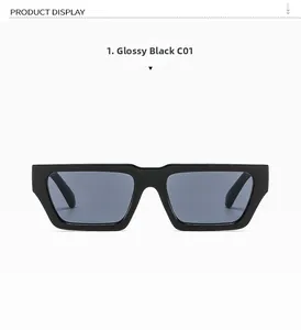 Detailansicht der glänzenden schwarzen rechteckigen Sonnenbrille im Y2K-Stil mit Gläsern