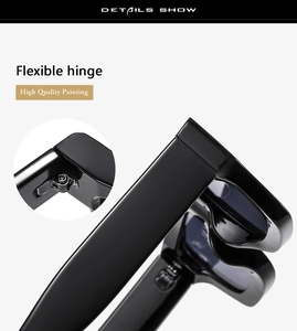 Detail of flexible hinge and high quality painting on black square sunglasses frame