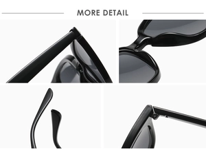 Detail view of square sunglasses with silver hinge screws and integrated nose pads