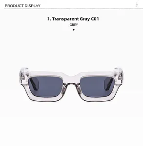 Détail de lunettes de soleil rectangulaires gris transparent avec monture épaisse et verres
