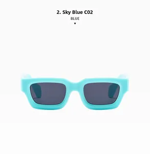 Close-up of sky blue rectangle sunglasses with thick frames and dark grey lenses