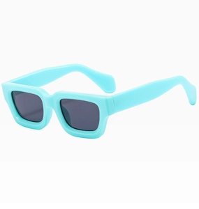 Detailed side view of stylish sky blue rectangle sunglasses with thick glossy frames