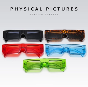 Matrix display of five colorful rectangular thick frame sunglasses on a gradient background