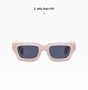 Detail of jelly grey rectangular sunglasses with thick frames and dark lenses