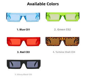 Grid view showcasing five thick rectangle sunglasses in black, tortoiseshell, blue, green and red