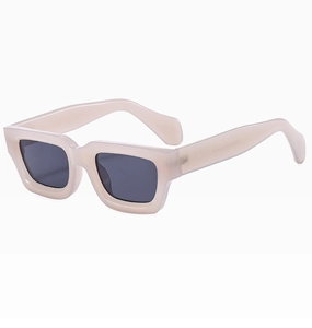 Detail of square milky tea translucent sunglasses frame with dark grey lenses
