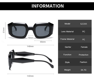 Detailed size chart of S22265 black PC sunglasses showing lens and frame dimensions