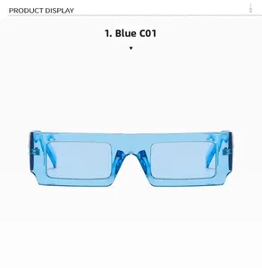 Detail of blue semi-transparent rectangular sunglasses with stylish metal hinge decor