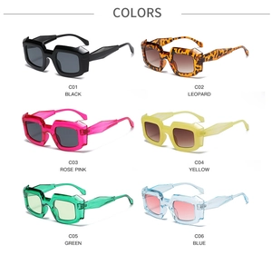 Detailed grid view of chunky square sunglasses in six vibrant fashion colors