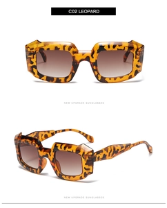 Detail view of leopard print square sunglasses with brown gradient lenses and glossy finish