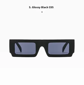 Front view of retro rectangular sunglasses in bright black C05 frame with dark grey lenses
