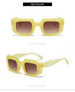 Front and side angles of vintage yellow square frame sunglasses with gradient lenses