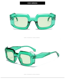 Detail view of bold green transparent chunky frame sunglasses in polygon rectangle style
