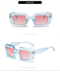 Detail of blue translucent polygon sunglasses with pink gradient lenses and C03 Blue label