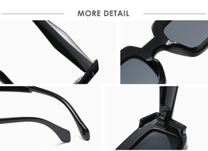 Detailed macro view of the glossy black frame sunglasses with durable metal hinges