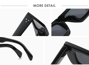 Détails de lunettes de soleil ovales noires avec rivets métalliques et charnières solides