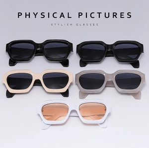 Five pairs of trendy polygonal sunglasses in black, beige, and jelly colors with thick frames