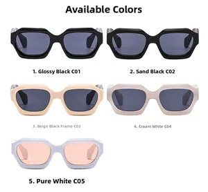 Detailed grid of five vintage geometric chunky sunglasses in black, cream and white colors