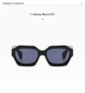 Glossy black retro square sunglasses with deep grey lenses on white background