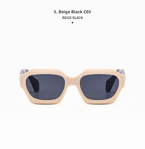 Front view of geometric square sunglasses in beige frame with black temples and dark lenses