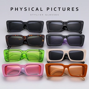 Square chunky sunglasses in multiple candy colors with metal rivets and tinted lenses