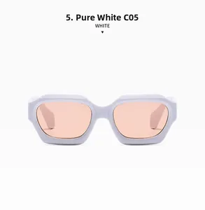 Detail view of solid white rectangular sunglasses with retro orange pink lenses